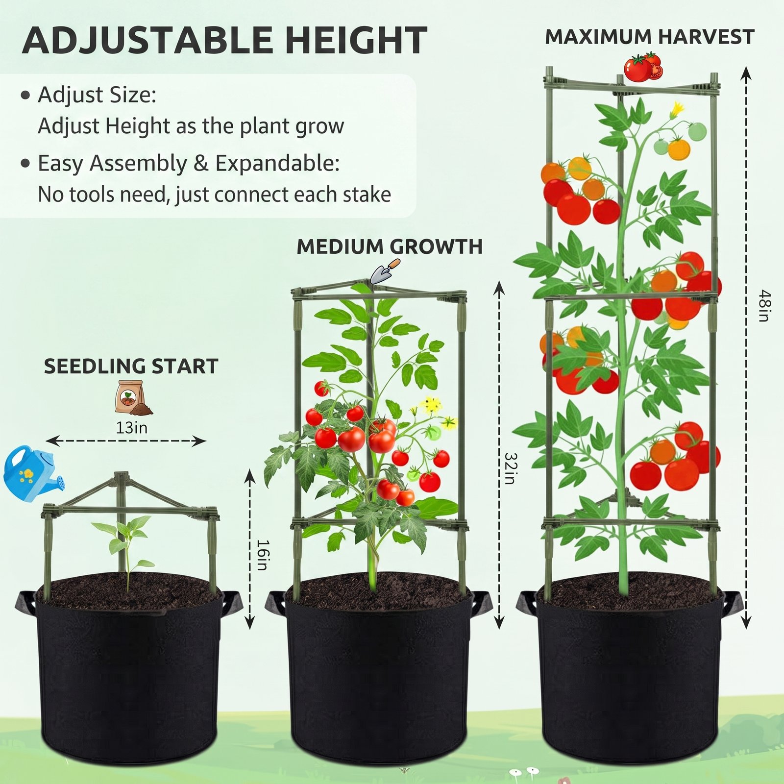 Nexura Tomato Cages with Grow Bags – 48 Inch Adjustable Tomato Trellis, 3-Pack Plant Support - Image 4