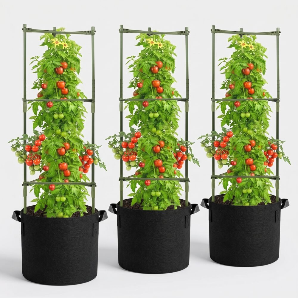 GENMOUS 48 Inch Tomato Cages with 10 Gallon Grow Bags